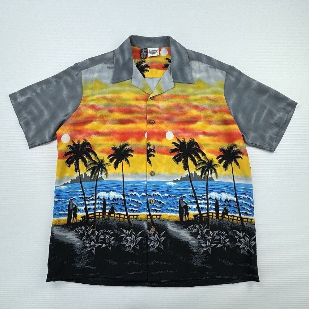 Vintage Kennington Hawaiian Shirt XL Sunset Beach Palm Tree Surf Button Up Aloha